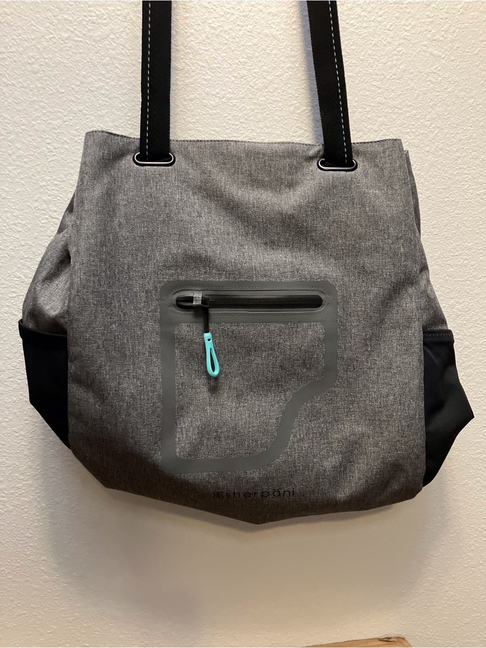 Sherpani Gray Tote with Black Accents and Teal Zipper Pull